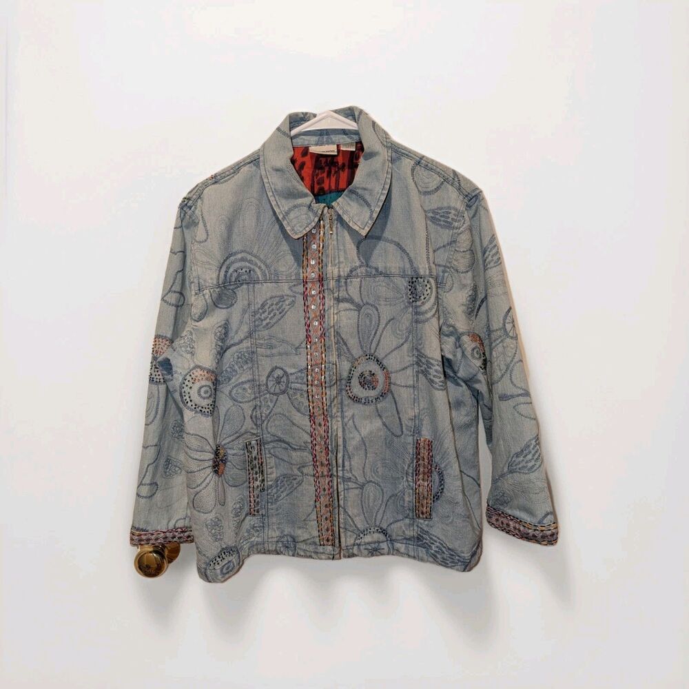 Vintage Y2K Boho Blue Denim Jacket With Floral Embroidery And Beading Indie